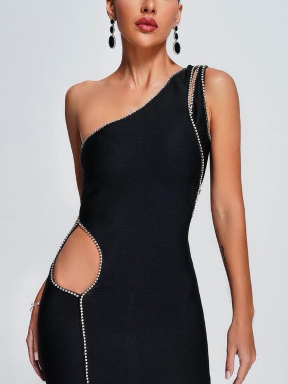 Asymmetrical One-Shoulder Black Mini Dress with Rhinestone Trim